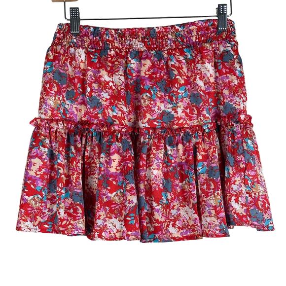 Fanco Mini Skirt Womens S Red Pink Floral Tiered Cottagecore Ruffle Boho Fairy - Picture 1 of 4